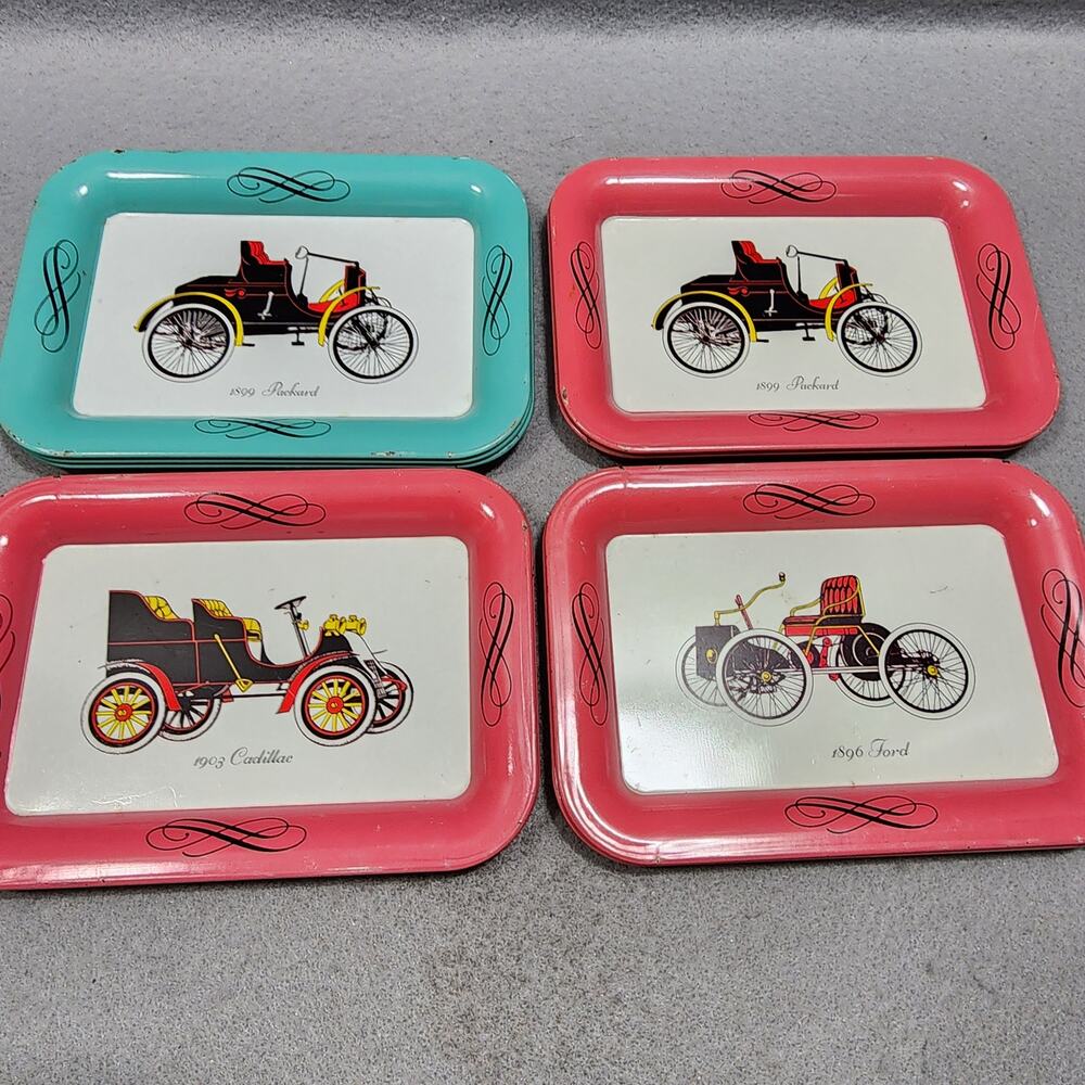 9x Metal Collector Vanity Trays Illustrating Antique Automobiles Vintage 1980s